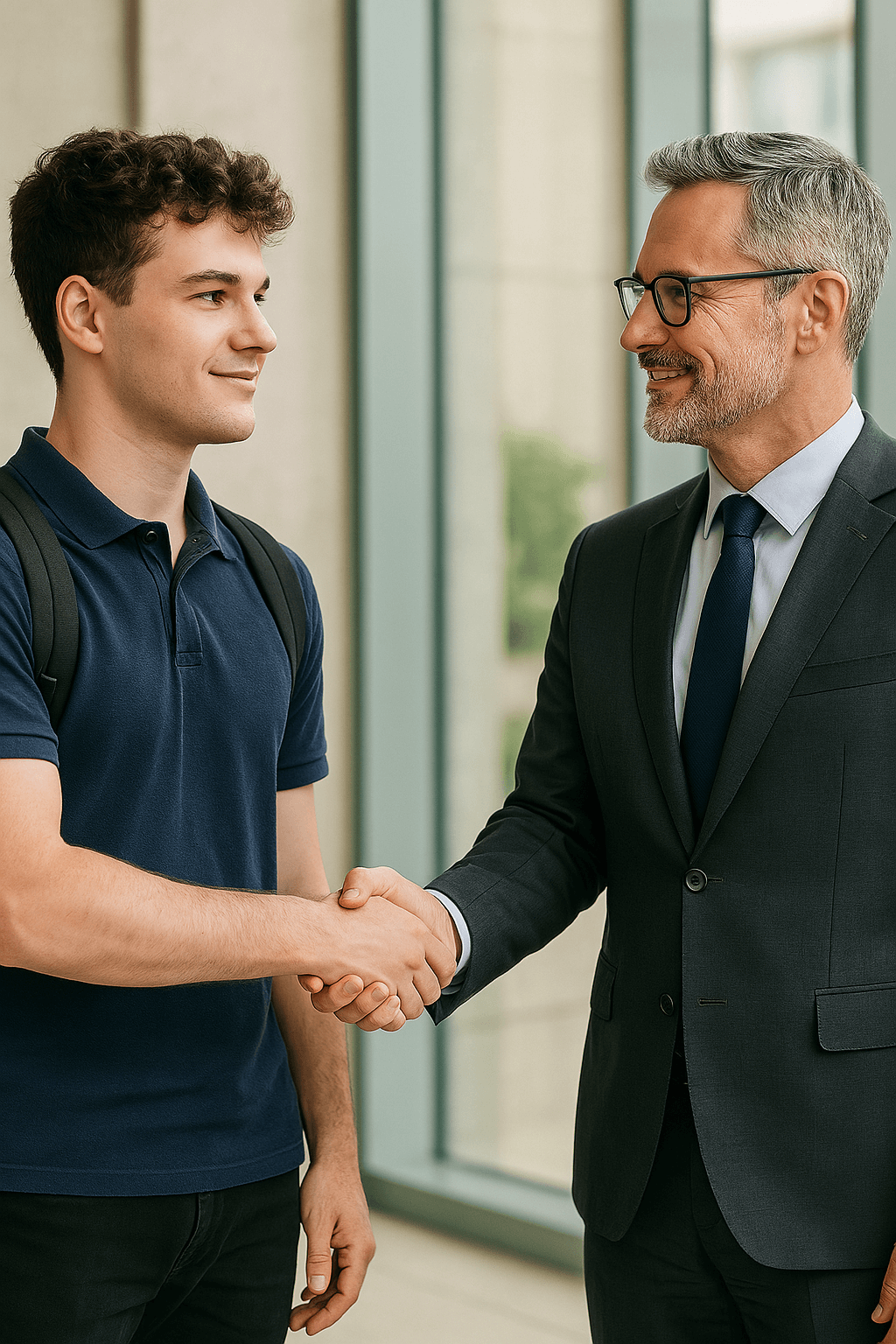 poignée de mains étudiant - gérant entreprise
