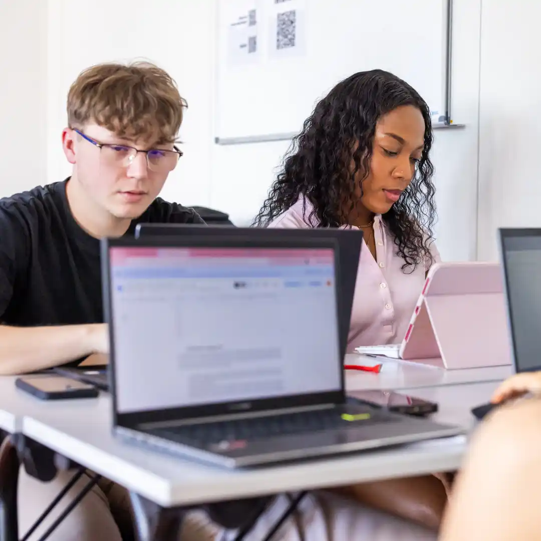 Étudiants en groupe pour un TD sur leur ordinateur